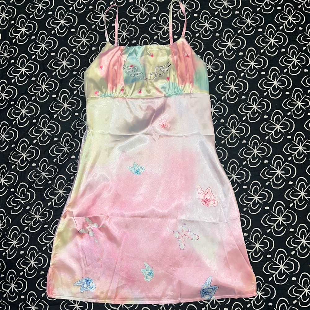 Satin Butterfly & Graphic Pleated Cami Dress - Small